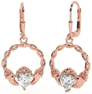 Diamond Rose Gold Silver Celtic Claddagh Trinity Knot Dangle Earrings