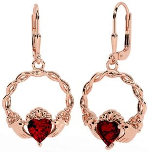 Garnet Rose Gold Silver Celtic Claddagh Trinity Knot Dangle Earrings