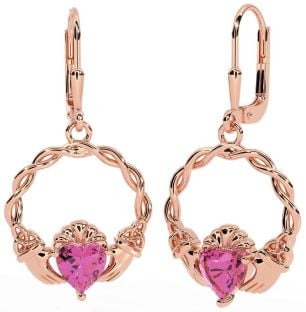 Pink Tourmaline Rose Gold Silver Celtic Claddagh Trinity Knot Dangle Earrings