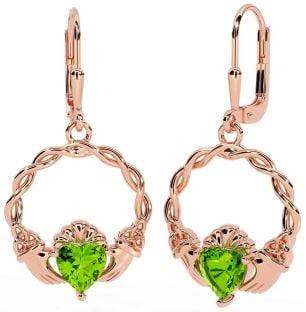 Peridot Rose Gold Silver Celtic Claddagh Trinity Knot Dangle Earrings