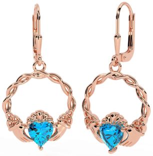 Topaz Rose Gold Silver Celtic Claddagh Trinity Knot Dangle Earrings