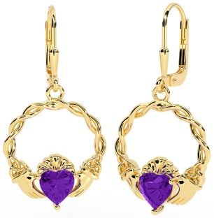 Amethyst Gold Silver Celtic Claddagh Trinity Knot Dangle Earrings