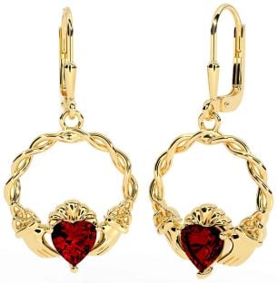 Garnet Gold Silver Celtic Claddagh Trinity Knot Dangle Earrings