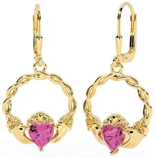 Pink Tourmaline Gold Silver Celtic Claddagh Trinity Knot Dangle Earrings