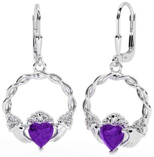 Amethyst Silver Celtic Claddagh Trinity Knot Dangle Earrings