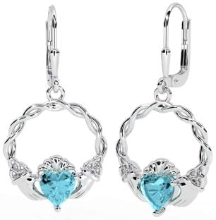 Aquamarine Silver Celtic Claddagh Trinity Knot Dangle Earrings