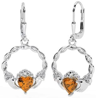 Citrine Silver Celtic Claddagh Trinity Knot Dangle Earrings