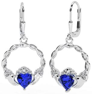 Sapphire Silver Celtic Claddagh Trinity Knot Dangle Earrings