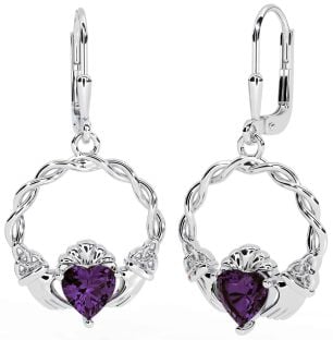 Alexandrite Blanc Or celtique Claddagh Trinité Noeud Pendre Des boucles d'oreilles