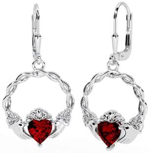 Garnet White Gold Celtic Claddagh Trinity Knot Dangle Earrings