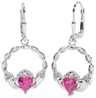 Rose Tourmalines Blanc Or celtique Claddagh Trinité Noeud Pendre Des boucles d'oreilles