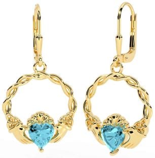 Aquamarine Gold Celtic Claddagh Trinity Knot Dangle Earrings