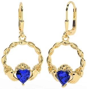 Sapphire Gold Celtic Claddagh Trinity Knot Dangle Earrings