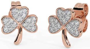 Diamond Rose Gold Silver Shamrock Stud Earrings