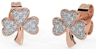 Diamond Rose Gold Silver Shamrock Stud Earrings