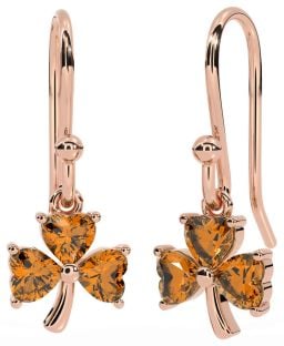 Citrine Rose Gold Silver Shamrock Dangle Earrings