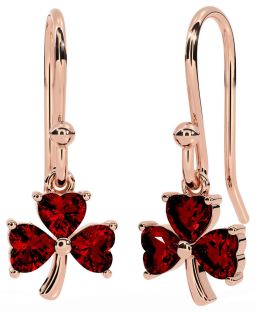 Garnet Rose Gold Silver Shamrock Dangle Earrings