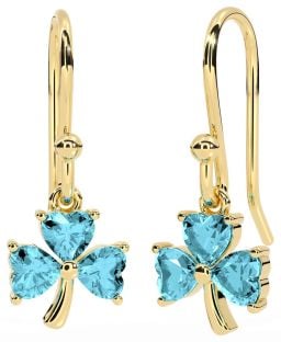 Aquamarine Gold Silver Shamrock Dangle Earrings