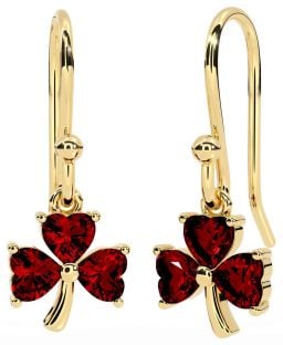 Garnet Gold Silver Shamrock Dangle Earrings