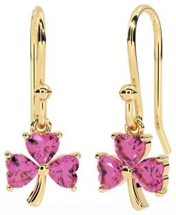 Pink Tourmaline Gold Silver Shamrock Dangle Earrings