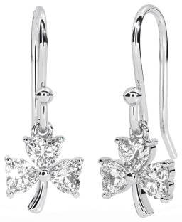 Diamond Silver Shamrock Dangle Earrings