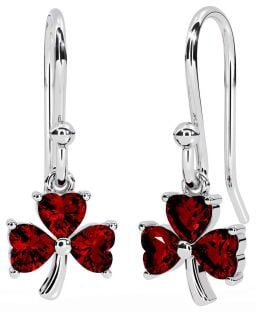 Garnet White Gold Shamrock Dangle Earrings