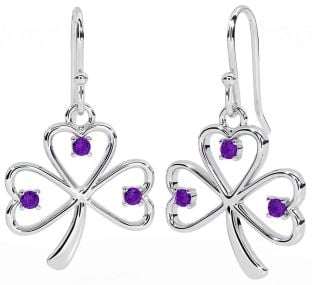 Amethyst Silver Shamrock Dangle Earrings