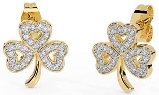 Diamond Gold Silver Shamrock Stud Earrings