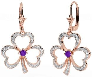 Diamond Amethyst Rose Gold Silver Shamrock Dangle Earrings