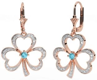 Diamond Aquamarine Rose Gold Silver Shamrock Dangle Earrings