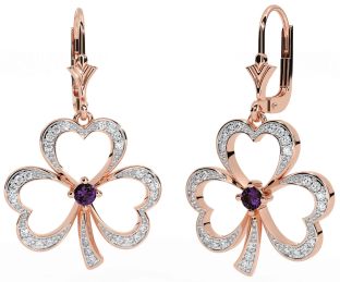 Diamond Alexandrite Rose Gold Silver Shamrock Dangle Earrings