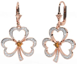 Diamond Citrine Rose Gold Silver Shamrock Dangle Earrings