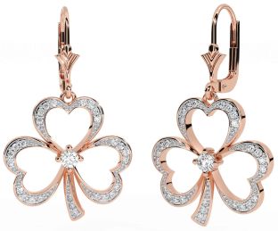 Diamond Rose Gold Silver Shamrock Dangle Earrings