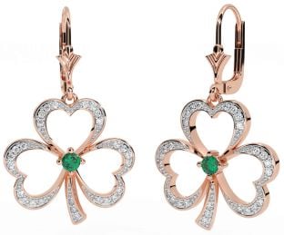 Diamond Emerald Rose Gold Silver Shamrock Dangle Earrings