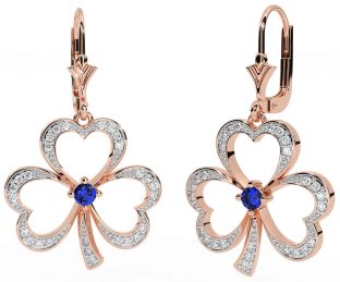 Diamond Sapphire Rose Gold Silver Shamrock Dangle Earrings