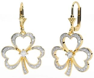 Diamond Gold Silver Shamrock Dangle Earrings