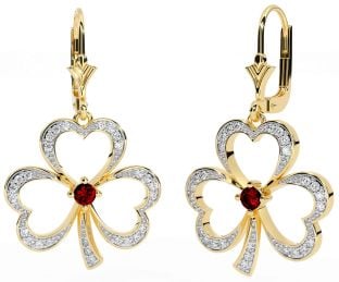 Diamond Garnet Gold Silver Shamrock Dangle Earrings