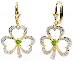 Diamond Peridot Gold Silver Shamrock Dangle Earrings