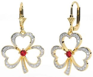 Diamond Ruby Gold Silver Shamrock Dangle Earrings