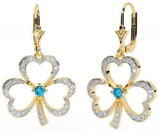 Diamond Topaz Gold Silver Shamrock Dangle Earrings