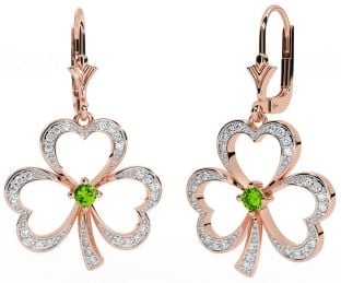 Diamond Peridot Rose Gold Shamrock Dangle Earrings