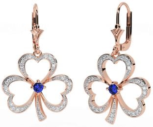 Diamond Sapphire Rose Gold Shamrock Dangle Earrings