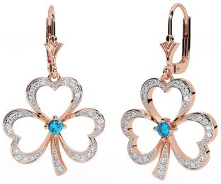 Diamond Topaz Rose Gold Shamrock Dangle Earrings