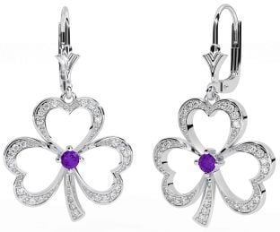 Diamond Amethyst Silver Shamrock Dangle Earrings