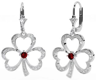 Diamond Garnet Silver Shamrock Dangle Earrings