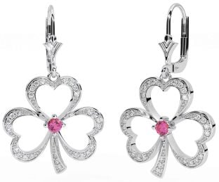 Diamond Pink Tourmaline Silver Shamrock Dangle Earrings