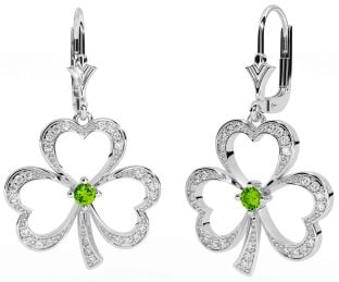 Diamond Peridot Silver Shamrock Dangle Earrings