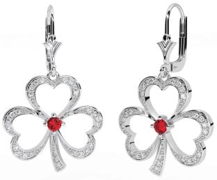 Diamond Ruby Silver Shamrock Dangle Earrings