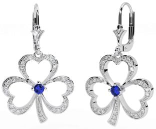 Diamond Sapphire Silver Shamrock Dangle Earrings