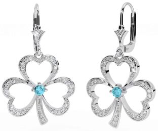 Diamond Aquamarine White Gold Shamrock Dangle Earrings